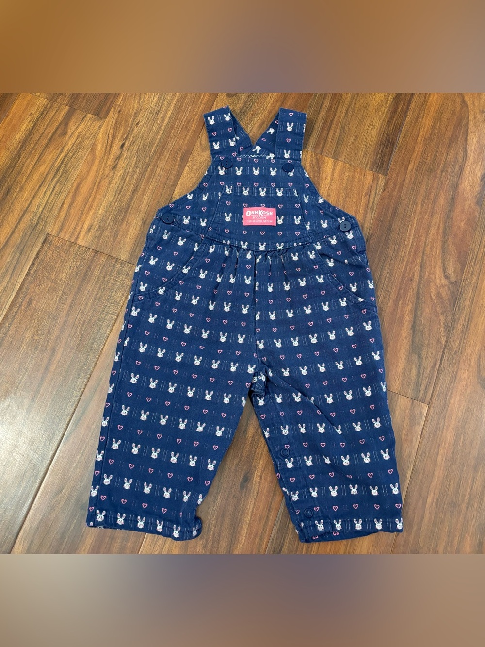 Osh Kosh B’Gosh Vintage Navy/Pink/White Embroidered Rabbit Easter Bunny Overalls